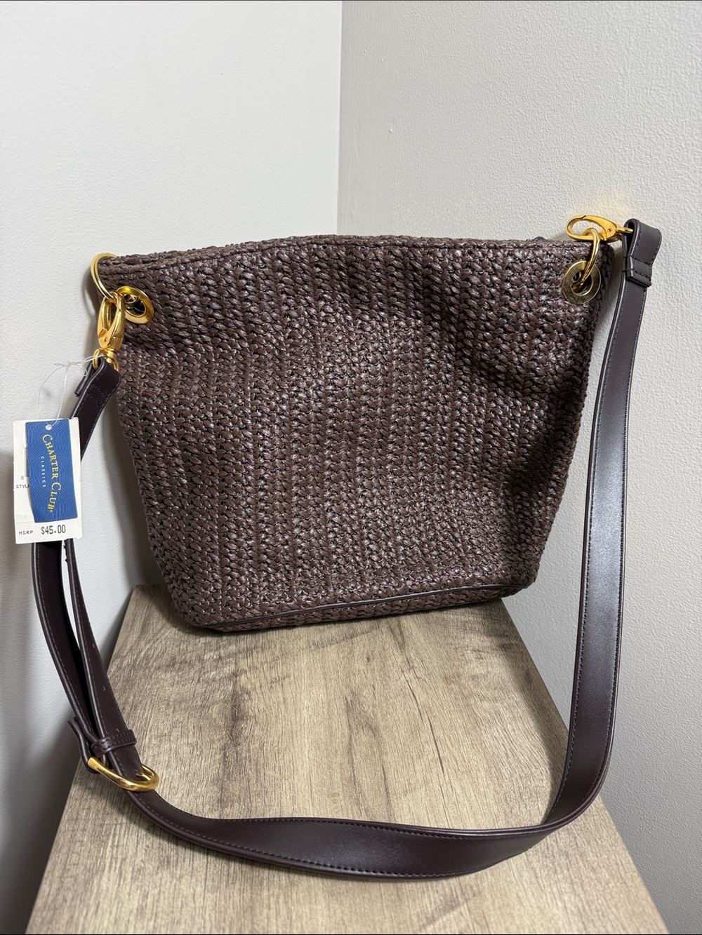 Charter Club Dark Brown Woven Shoulder Bag with Gold Hardware